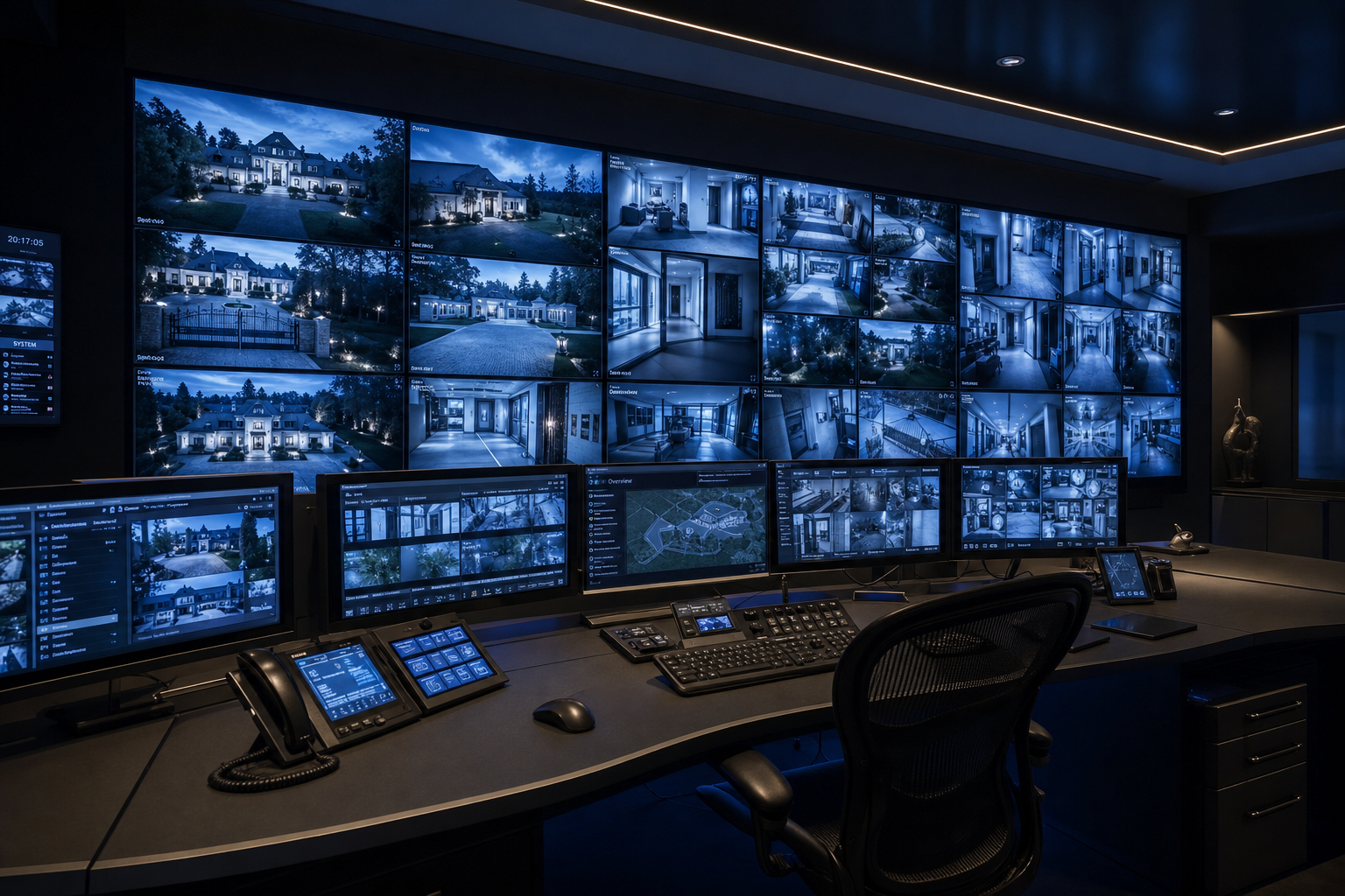 PSI command center wall of live security camera feeds