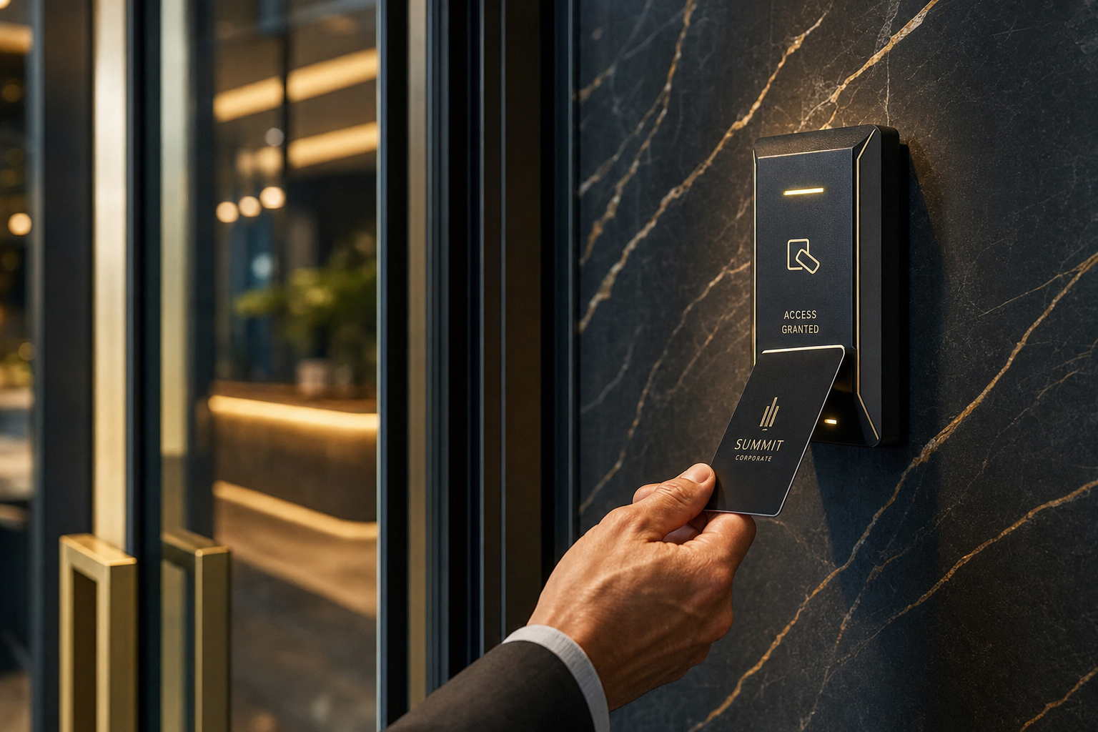 Premium commercial access control card reader on marble wall