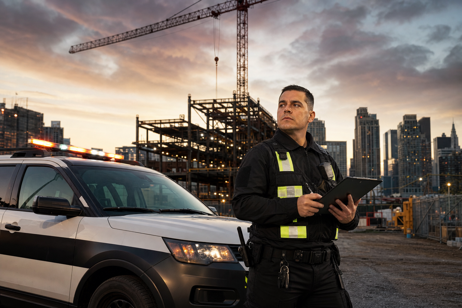 PSI uniformed officer on a NYC construction site at dusk