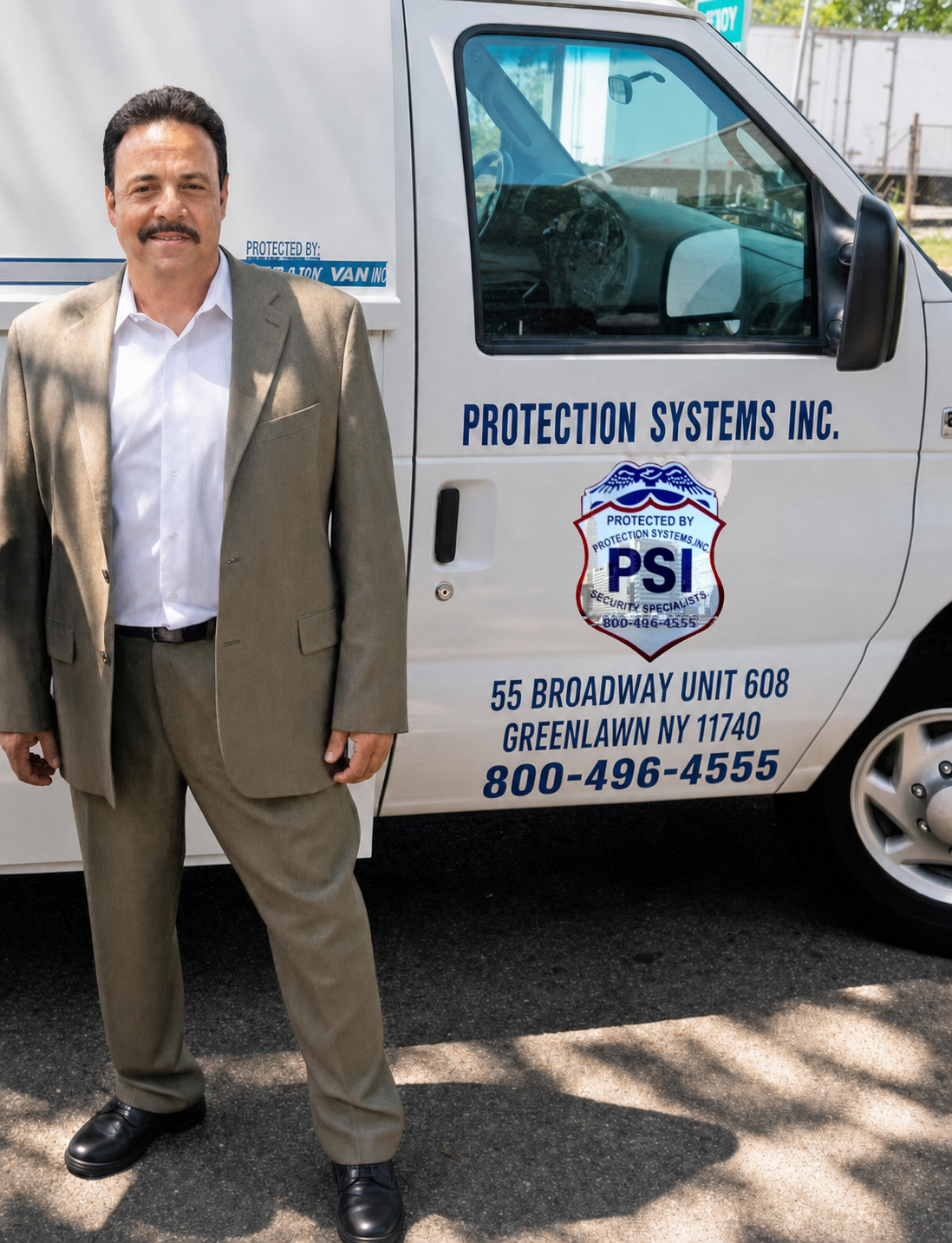 John C. Di Bella standing next to a Protection Systems Inc. service van